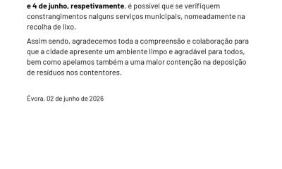 𝗜𝗡𝗙𝗢𝗥𝗠𝗔𝗖̧𝗔̃𝗢 
Recolha de lixo – 3 e 4 de junho
