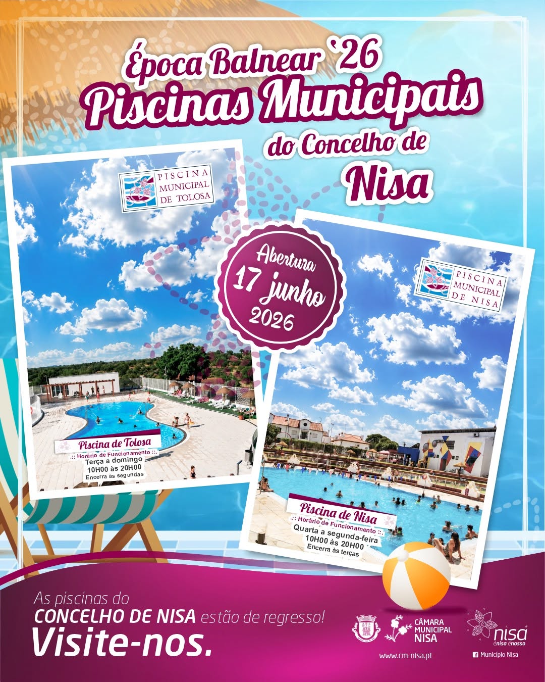 𝐄́𝐩𝐨𝐜𝐚 𝐁𝐚𝐥𝐧𝐞𝐚𝐫 𝟐𝟎𝟐𝟔 | 𝐏𝐢𝐬𝐜𝐢𝐧𝐚𝐬 𝐌𝐮𝐧𝐢𝐜𝐢𝐩𝐚𝐢𝐬 𝐝𝐨 𝐂𝐨𝐧𝐜𝐞𝐥𝐡𝐨 𝐝𝐞 𝐍𝐢𝐬𝐚
O verão está a … 𝐄́𝐩𝐨𝐜𝐚 𝐁𝐚𝐥𝐧𝐞𝐚𝐫 𝟐𝟎𝟐𝟔 | 𝐏𝐢𝐬𝐜𝐢𝐧𝐚𝐬 𝐌𝐮𝐧𝐢𝐜𝐢𝐩𝐚𝐢𝐬 𝐝𝐨 𝐂𝐨𝐧𝐜𝐞𝐥𝐡𝐨 𝐝𝐞 𝐍𝐢𝐬𝐚
O verão está a …