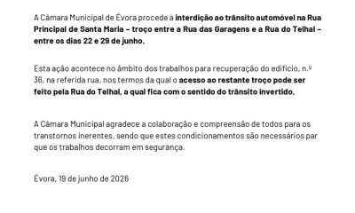 𝗜𝗻𝗳𝗼𝗿𝗺𝗮𝗰̧𝗮̃𝗼 𝗱𝗲 𝘁𝗿𝗮̂𝗻𝘀𝗶𝘁𝗼
Interdição ao trânsito automóvel na Rua Principal de S…