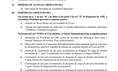Assembleia Municipal de Évora realiza sessão no dia 26 de junho de 2026