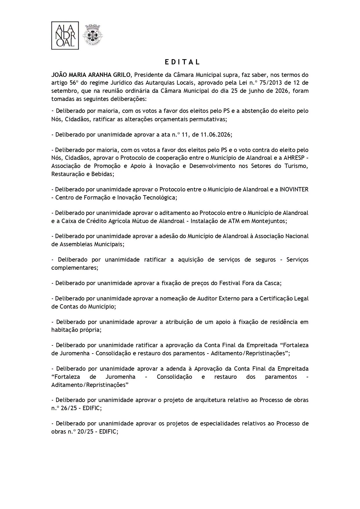 Reunião de Câmara 
25 de junho de 2026