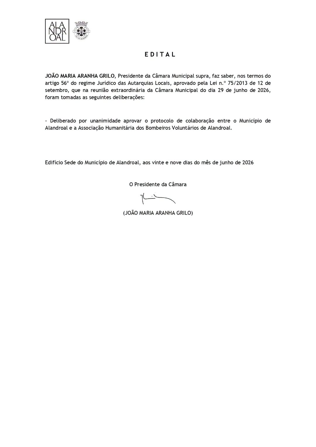 Reunião de Câmara
29 de junho de 2026