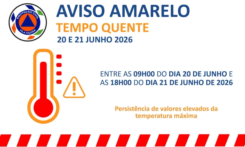AVISO AMARELO | TEMPO QUENTE | 20 A 21 JUNHO 
 Entre as 9h00 do dia 20 de Junho…