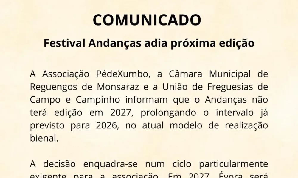 Comunicado | Festival Andanças adiado para 2028

​A Câmara Municipal de Reguengo…