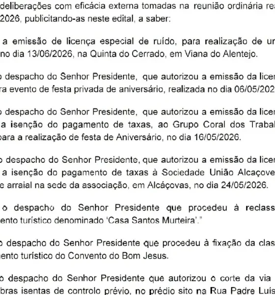 Edital nº46/2026
Deliberações da Reunião de Câmara de 1 de junho.