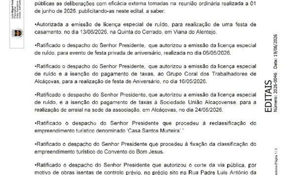 Edital nº46/2026
Deliberações da Reunião de Câmara de 1 de junho.