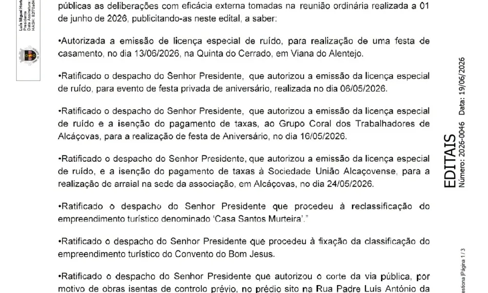 Edital nº46/2026
Deliberações da Reunião de Câmara de 1 de junho.