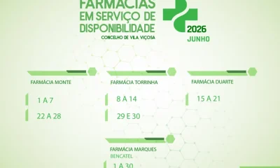 FARMÁCIAS EM SERVIÇO DE DISPONIBILIDADE | JUNHO 2026 | CONCELHO DE VILA VIÇOSA 
…