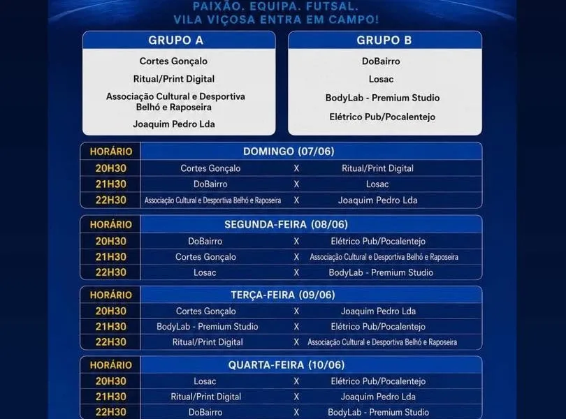 HOJE | 5° TORNEIO VILA VIÇOSA JOGA FUTSAL 2026 

V Torneio Vila Viçosa Joga Fut…