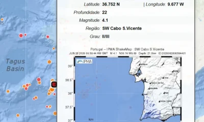 Sismo de magnitude 4.1 registado este domingo ao largo do Cabo de São Vicente