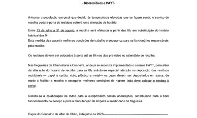 AVISO de Recolhas de Resíduos no Sistema Porta-a-porta

Entre 13 de julho a 31 …