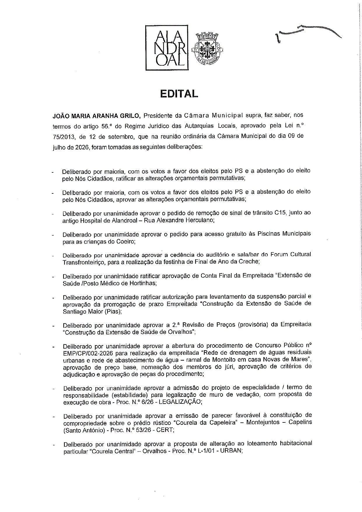 Reunião de Câmara 
9 de julho de 2026