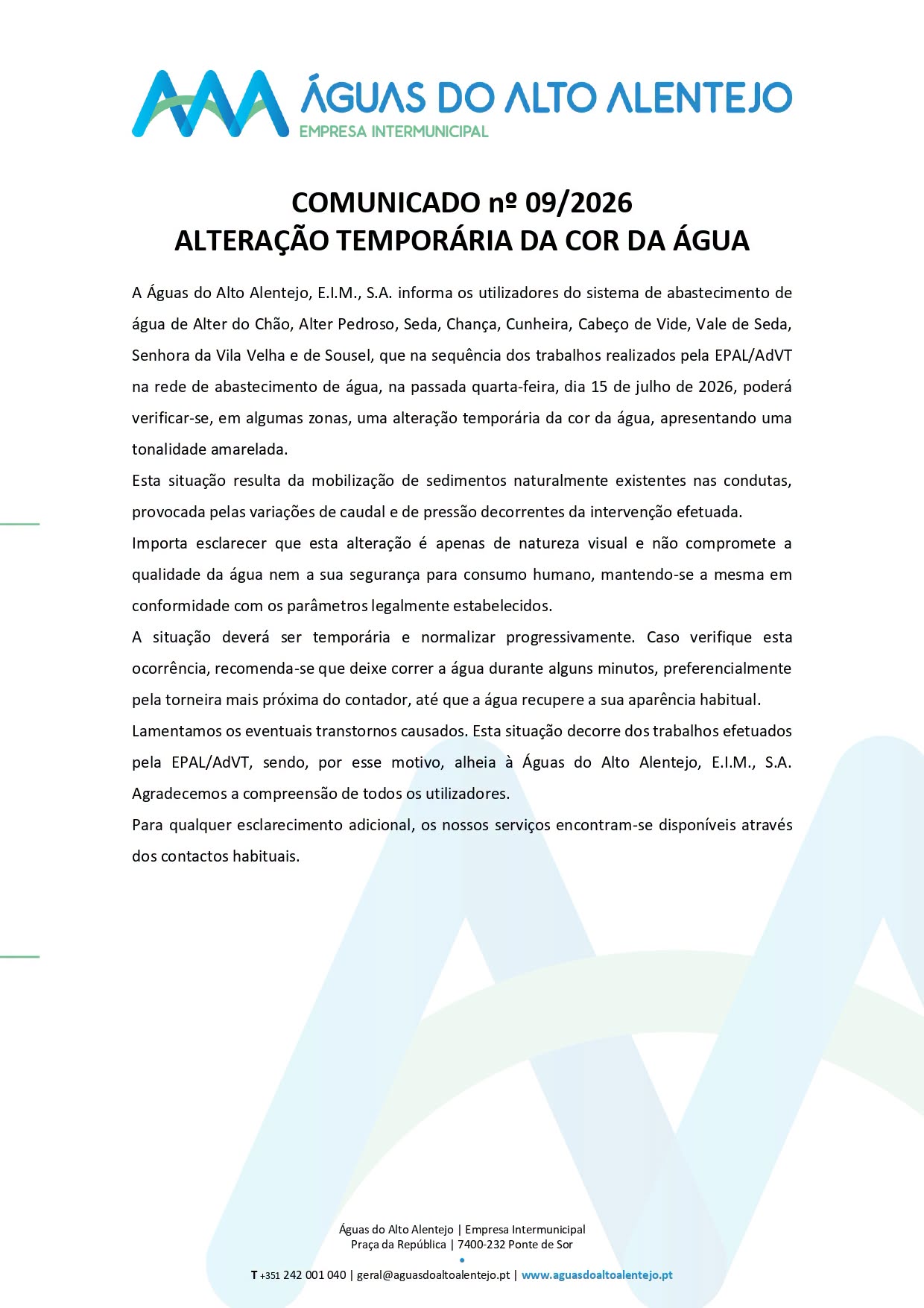 Águas do Alto Alentejo –  Comunicado n.º 09/2026