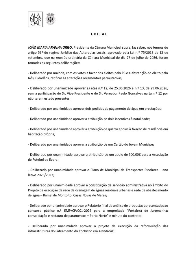 Reunião de Câmara 
27 de julho de 2026