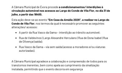 𝗜𝗻𝗳𝗼𝗿𝗺𝗮𝗰̧𝗮̃𝗼 𝗱𝗲 𝘁𝗿𝗮̂𝗻𝘀𝗶𝘁𝗼 
Condicionamentos/interdições à circulação automóvel …