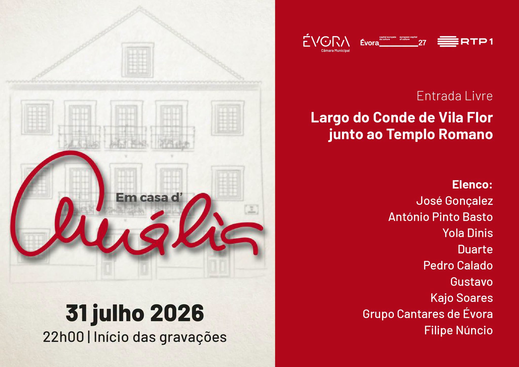 𝗘́𝘃𝗼𝗿𝗮 𝗮𝗰𝗼𝗹𝗵𝗲 𝗮 𝗴𝗿𝗮𝘃𝗮𝗰̧𝗮̃𝗼 𝗱𝗼 𝗽𝗿𝗼𝗴𝗿𝗮𝗺𝗮 “𝗘𝗺 𝗖𝗮𝘀𝗮 𝗱’𝗔𝗺𝗮́𝗹𝗶𝗮” 𝗱𝗮 𝗥𝗧𝗣𝟭

É na próxima…