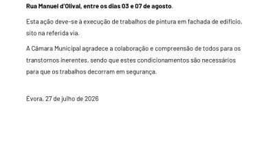 𝗜𝗻𝗳𝗼𝗿𝗺𝗮𝗰̧𝗮̃𝗼 𝗱𝗲 𝘁𝗿𝗮̂𝗻𝘀𝗶𝘁𝗼 
Interdição da circulação automóvel na Rua Manuel d’O…