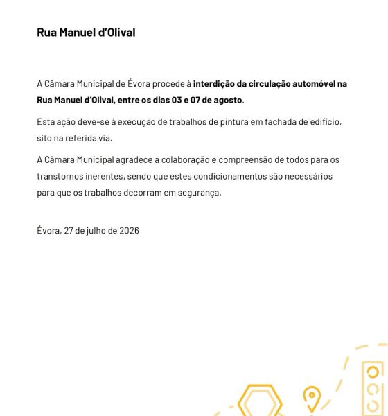 𝗜𝗻𝗳𝗼𝗿𝗺𝗮𝗰̧𝗮̃𝗼 𝗱𝗲 𝘁𝗿𝗮̂𝗻𝘀𝗶𝘁𝗼 
Interdição da circulação automóvel na Rua Manuel d’O…