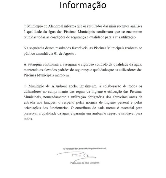Informação | Reabertura da Piscina Municipal – 1 de agosto

 O município apela à…