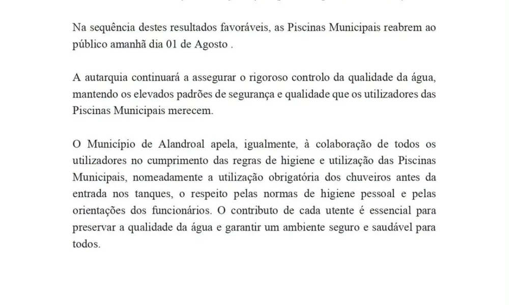 Informação | Reabertura da Piscina Municipal – 1 de agosto

 O município apela à…
